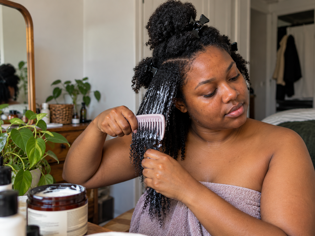 Black woman gently detangling sectioned 4C hair