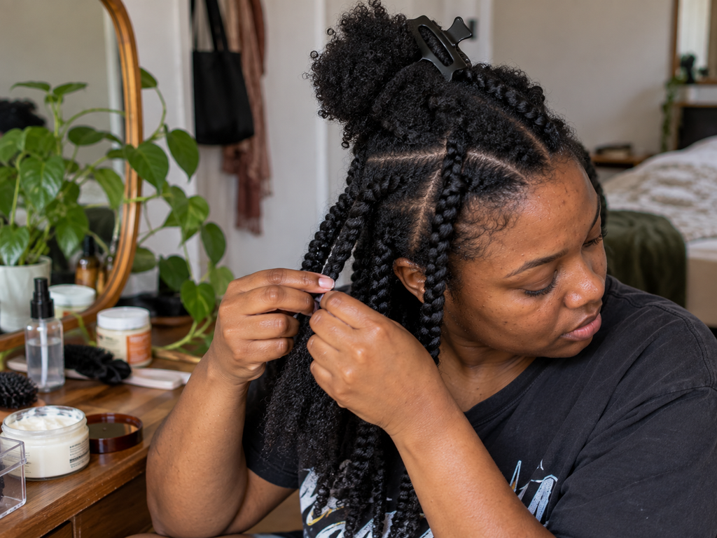 Black woman styling natural 4C hair in low-manipulation twists