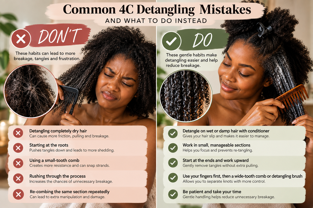 Infographic comparing common 4C hair detangling mistakes with gentler techniques to reduce breakage