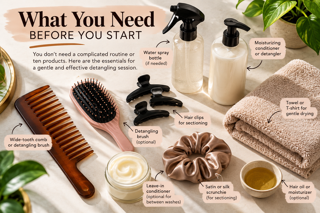 Detangling essentials for 4C hair including conditioner, wide-tooth comb, spray bottle and hair clips