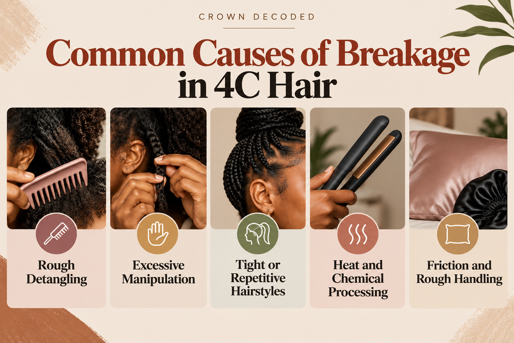 Common causes of breakage in 4C hair including rough detangling, tension, manipulation, heat and friction