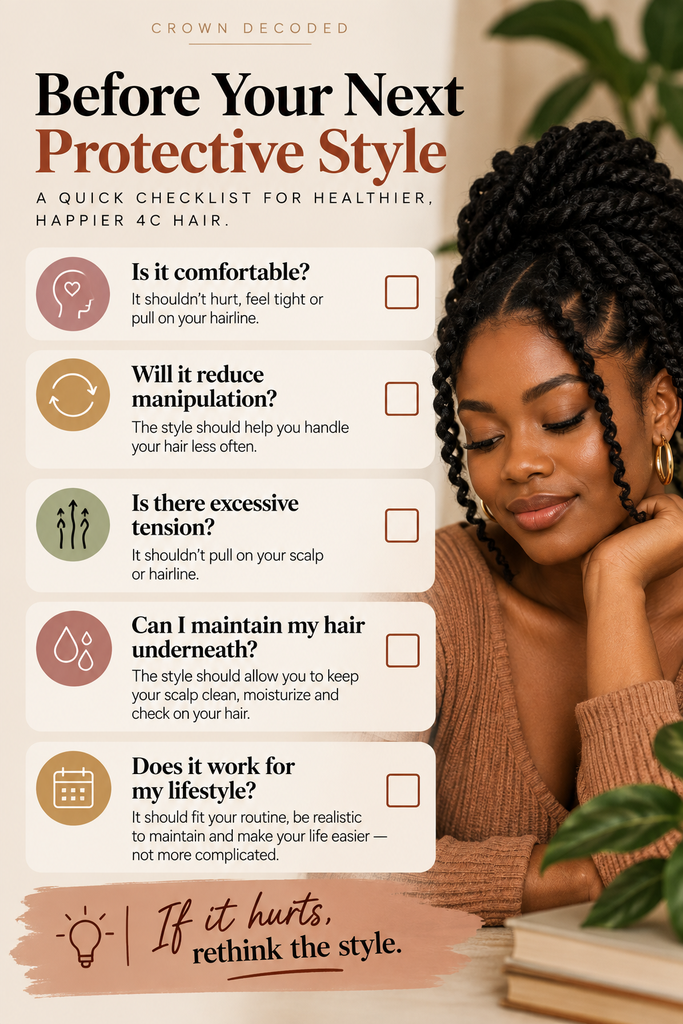 Protective style checklist covering comfort, reduced manipulation, excessive tension, hair maintenance, and lifestyle fit, with a Black woman wearing a natural twisted updo.