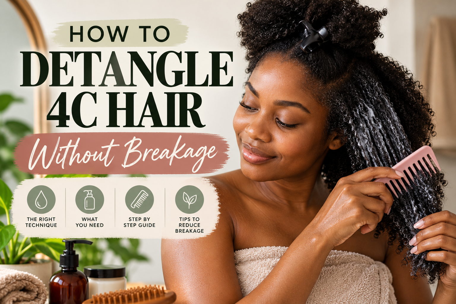 Black woman gently detangling 4C hair with a wide-tooth comb