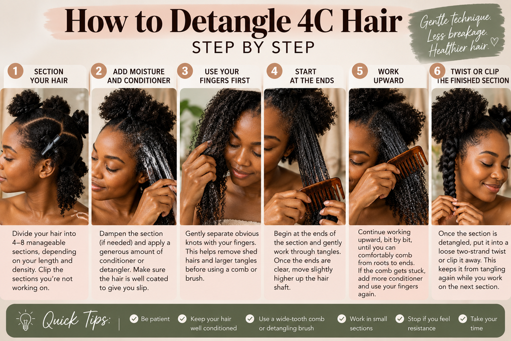Step-by-step guide showing how to gently detangle 4C hair in sections from ends to roots