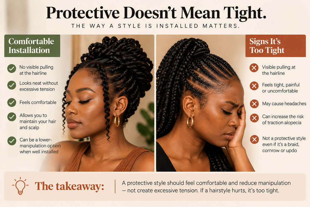 Infographic comparing a comfortable protective hairstyle with an overly tight style, highlighting hairline tension, discomfort, and traction risk.