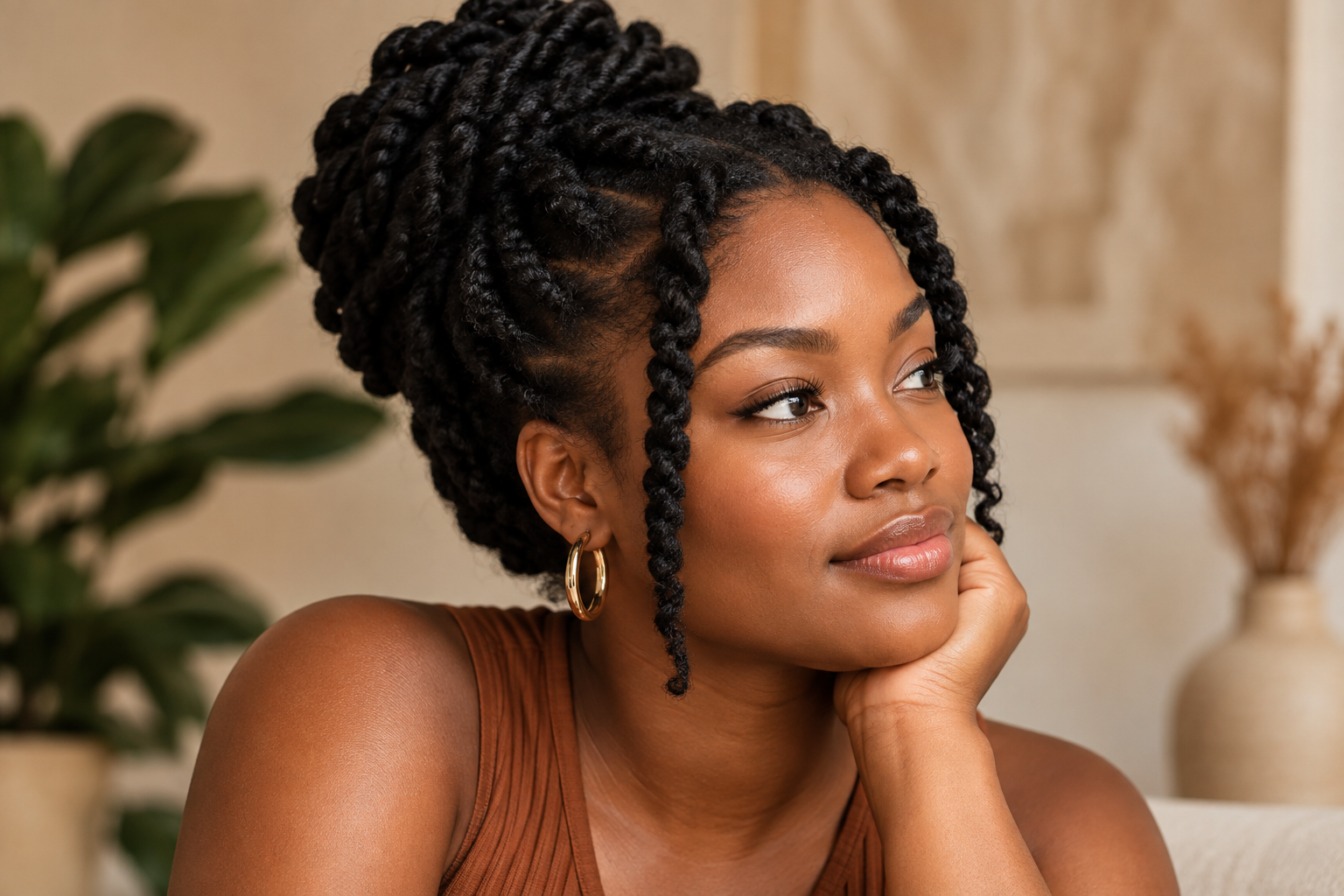 Black woman wearing a protective hairstyle for 4C hair